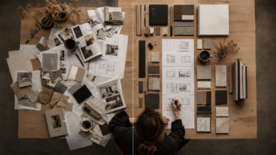 alt="Porównanie chaotycznego i uporządkowanego procesu projektowego architekta wnętrz z próbkami materiałów, rysunkami i moodboardem"