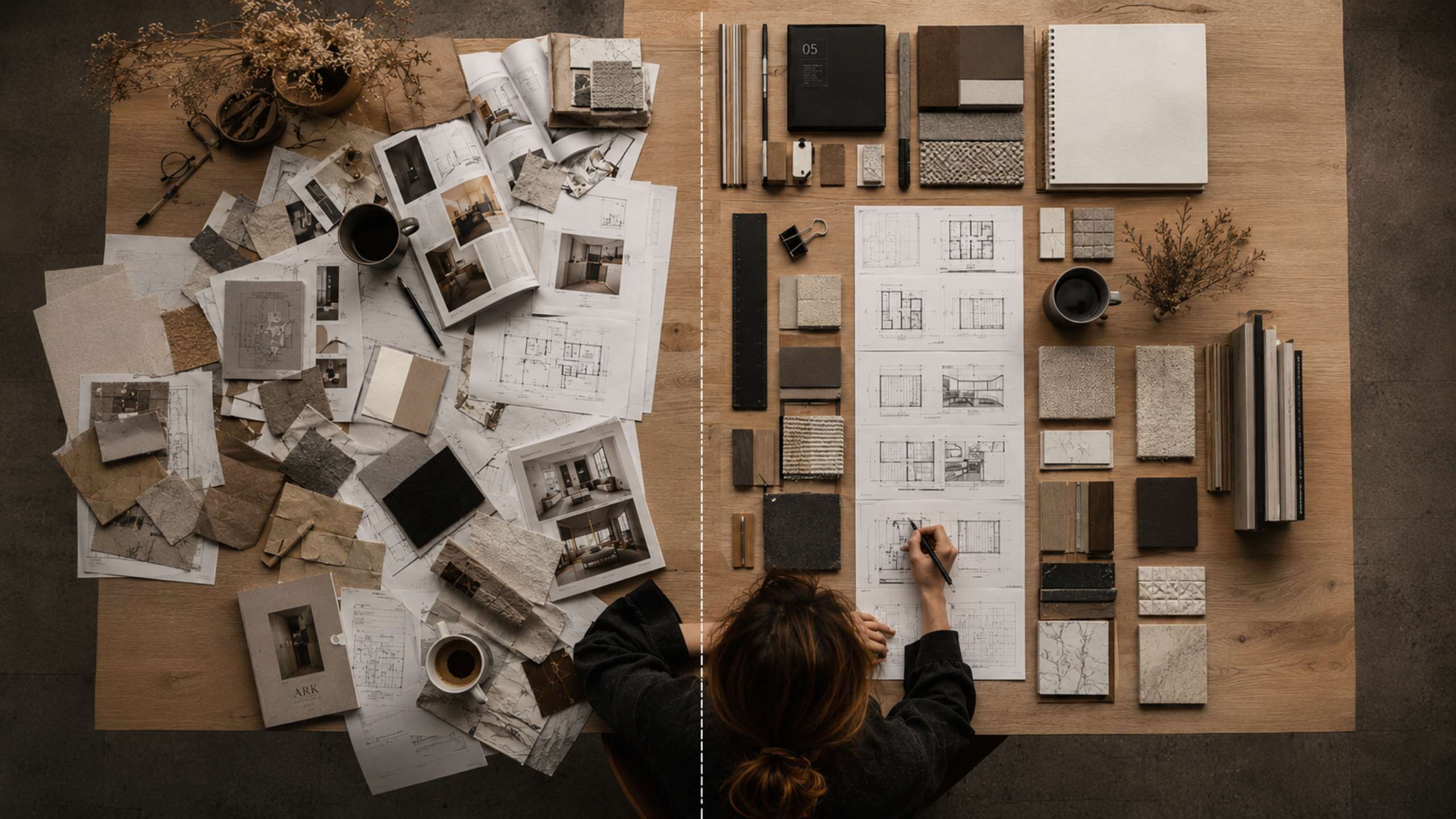 alt="Porównanie chaotycznego i uporządkowanego procesu projektowego architekta wnętrz z próbkami materiałów, rysunkami i moodboardem"