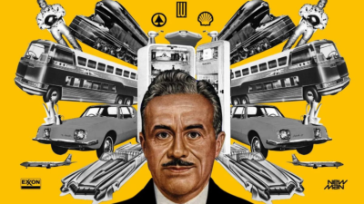 alt="Surrealistyczny kolaż z portretem Raymonda Loewy’ego na żółtym tle, otoczonego ikonami designu i technologii XX wieku – samochodami, samolotami i sprzętami codziennymi"