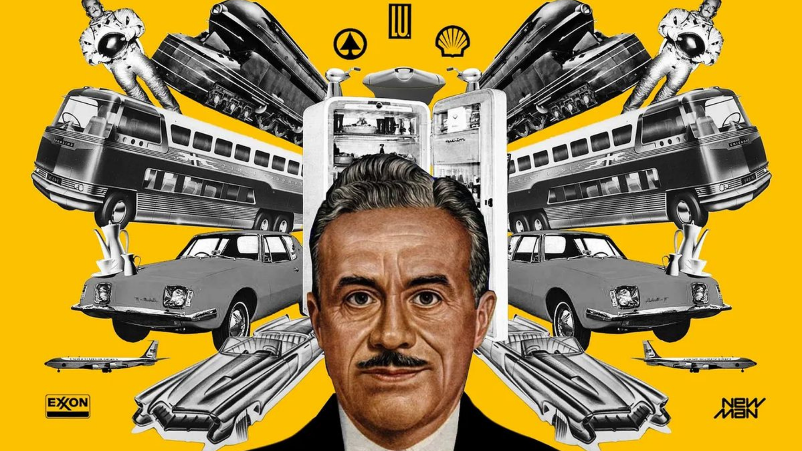 alt="Surrealistyczny kolaż z portretem Raymonda Loewy’ego na żółtym tle, otoczonego ikonami designu i technologii XX wieku – samochodami, samolotami i sprzętami codziennymi"