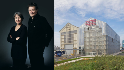 alt="Portret dwojga architektów zestawiony ze zdjęciem współczesnego budynku przemysłowego poddanego modernizacji i adaptacji."