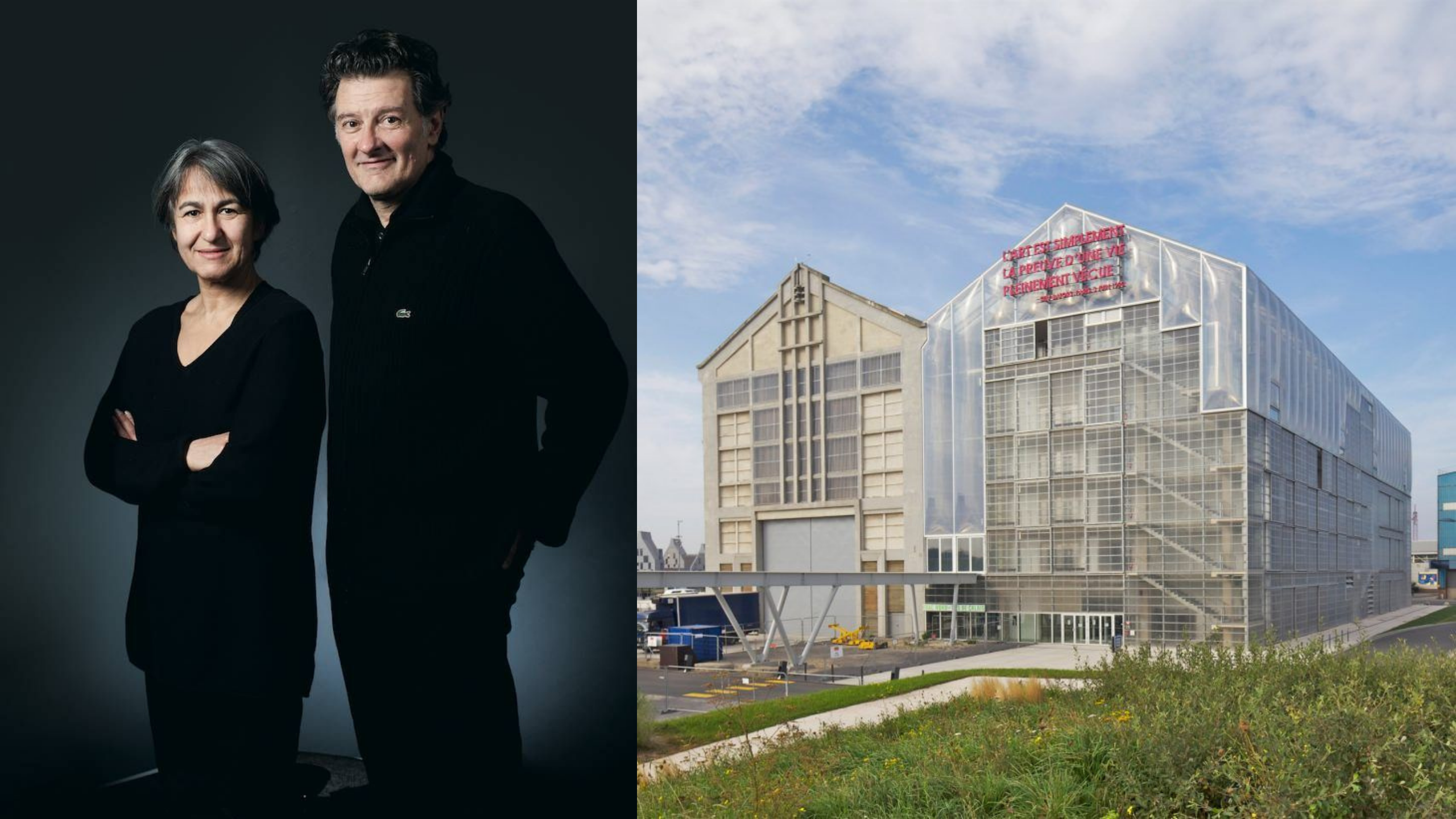 alt="Portret dwojga architektów zestawiony ze zdjęciem współczesnego budynku przemysłowego poddanego modernizacji i adaptacji."