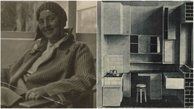 alt="Archiwalne zestawienie dwóch czarno-białych fotografii: po lewej portret uśmiechniętej kobiety w stroju z epoki, po prawej funkcjonalistyczne wnętrze niewielkiej kuchni z zabudową meblową, półkami i stołkiem."