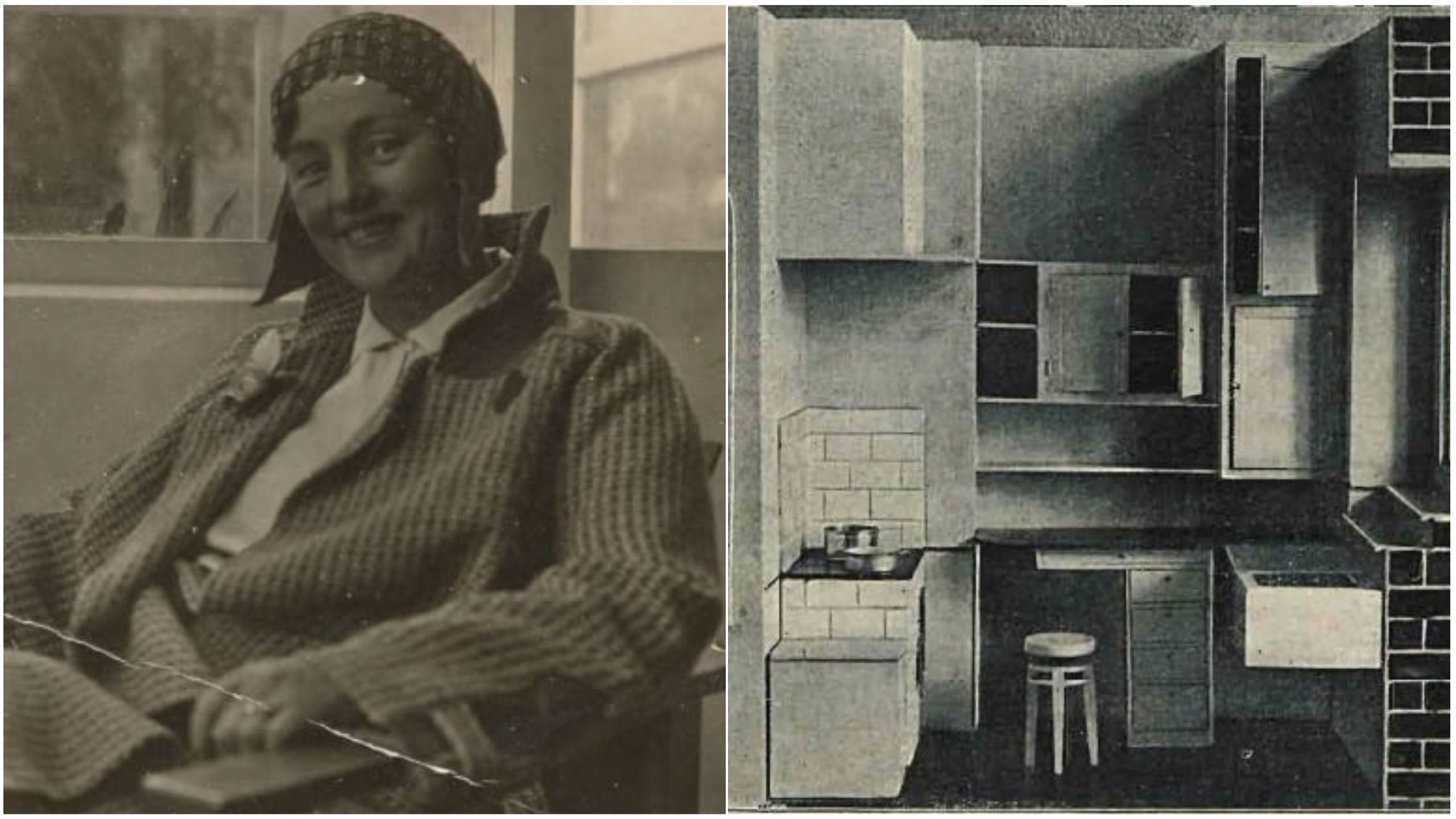 alt="Archiwalne zestawienie dwóch czarno-białych fotografii: po lewej portret uśmiechniętej kobiety w stroju z epoki, po prawej funkcjonalistyczne wnętrze niewielkiej kuchni z zabudową meblową, półkami i stołkiem."